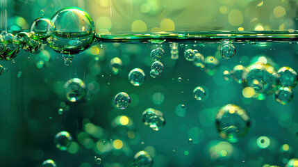 Green hydrogen bubbles rising in a tank of water