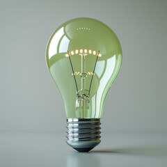 Simple and minimalistic 3D Icon of lightbulb thats floating in air that is made from solid neon green material