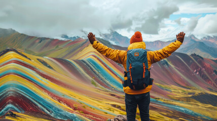 a man tourist is standing with both hands raised After successfully conquering the peak , on top of a mountain,Vinicunca Rainbow Mountain,generative ai