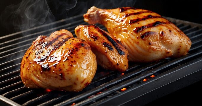 Illustrate an image of a chicken breast sizzling on a grilling surface, showcasing the ultra-realistic details of the cooking process. Capture the grill marks, the caramelization of juic-AI Generative
