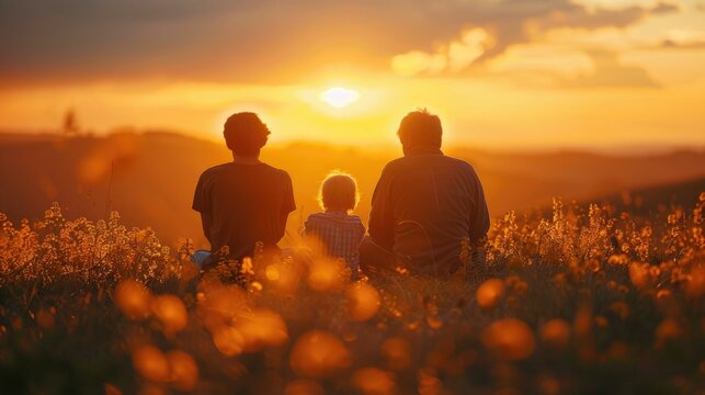 Father sits in a field with his two young sons, enjoying a beautiful sunset in the warm light of amber and light amber, creating a perfect family portrait image