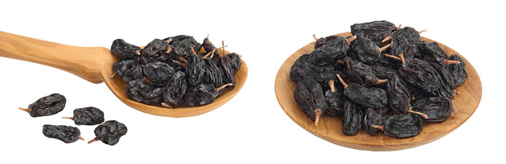 Yellow raisins in wooden spoon isolated on white background with full depth of field