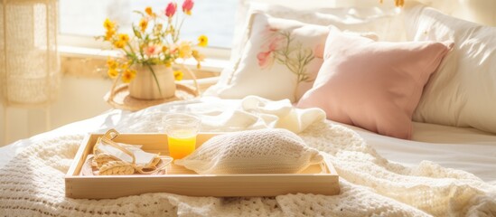 Fototapeta na wymiar A tray filled with food items is placed on top of a neatly made bed with crochet pillows. The setting appears to be a bedroom in a cozy home environment.