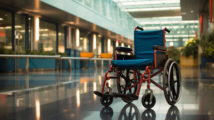 A Wheelchair Standing In An Empty Airport Terminal - obrazy, fototapety, plakaty