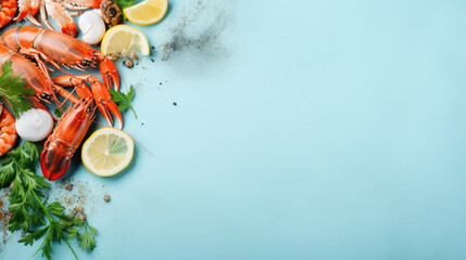 Seafood background on blue background. Top view.