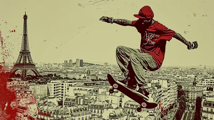 simple line art minimalist collage illustration with a professional skateboarder practicing tricks and Eiffel Tower in the background, olympic games, wide len - obrazy, fototapety, plakaty
