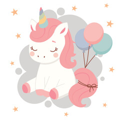 Cute unicorn sitting on the cloud. Birthday invitation or greeting card design. Flat style