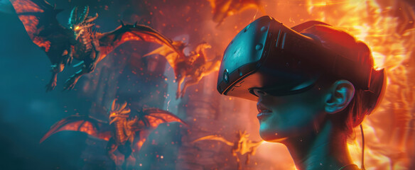 Virtual reality concept. Model young woman in glasses of virtual reality on background with dragons, fire, fantasy world. Augmented reality, future technology concept. VR. Neon light.