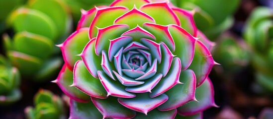 A macro view of a green succulent with a hot pink center and a tiny green center, surrounded by water with a soft pink sprout.