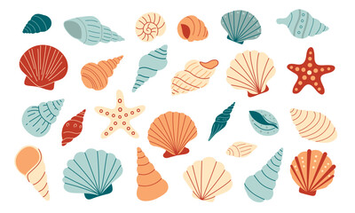 Seashells, mollusks spiral shells set, aquarium or underwater wildlife. Flat style