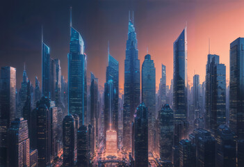 Fototapeta na wymiar Futuristic city skyline view of downtown, commercial and financial center of modern megapolis. Modern buildings, urban architecture. construction and development in a city