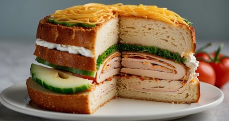 Compose an image showcasing a cross-section of the chicken sandwich cake, revealing the intricate layers. Pay attention to the ultra-realistic depiction of the cake's composition-AI Generative