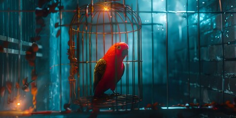 Captivating scarlet macaw perched solemnly in a misty cage. artistic and moody bird portrait emanating a vibe of contemplation and beauty. vivid colors set against a dreamy backdrop. AI - obrazy, fototapety, plakaty