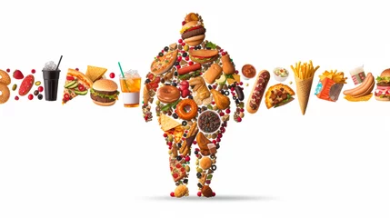 Fotobehang inside the silhouette of an overweight man there are Burgers, fries, pizza slices, soda cups, ice cream cones, donuts, hot dogs, fried chicken pieces, nachos, tacos © Дмитрий Симаков