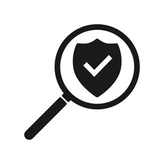 Magnifying glass icon with checkmark and shield. Illustration