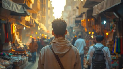 A Man Walking Through a Colorful  Khan el-Khalili market in Cairo, Egypt