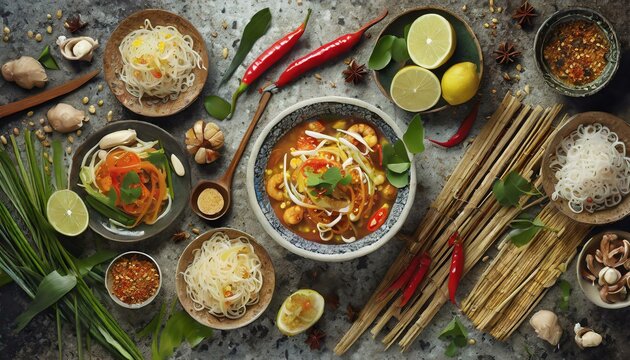 Asian food background with various ingredients on rustic stone background , top view. Vietna
