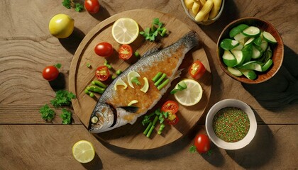 fish fry top view, fried silver carp with vegetable salad