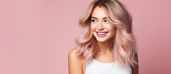 Fototapeta premium A smiling, beautiful young woman with blonde hair wearing a white tank top poses against a plain white background.