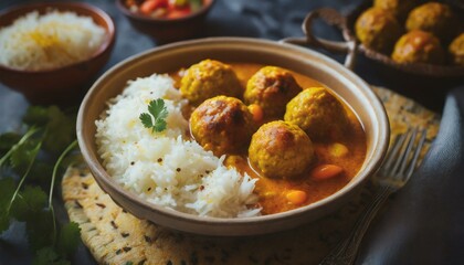 kofta top view - curry with meatballs and rice, vertical frame; tasty dinner or snack closeu