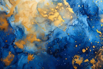 Abstract blue liquid watercolor background with golden lines. Pastel marble alcohol ink drawing . Generative AI