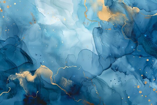 Abstract blue liquid watercolor background with golden lines. Pastel marble alcohol ink drawing . Generative AI