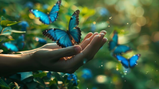 Hands releasing a blue and green butterfly, freedom and donation of life theme