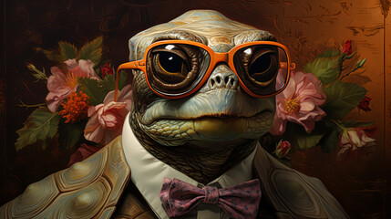 debonair turtle in a tailored waistcoat, complete with a silk cravat and spectacles. Amidst a backdrop of lush garden blooms, it exudes timeless elegance and refined taste. The vibe: leisurely and cul