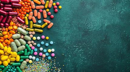 Top view: Medicines in vibrant hues, arranged neatly on a green backdrop, symbolizing health and healing