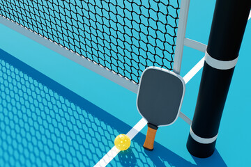 Pickleball racket and ball near the net on the court. 3d rendering
