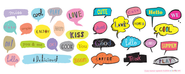 Cute vector speech bubble colorful set,Hand drawn set of speech bubbles with handwritten for book ,card, business, poster design. Vector illustration design for fashion fabrics, textile graphics