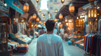 Man in Traditional Attire Strolling through a Market in Dubai Gold Souk
