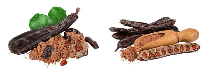 Carob pod and powder isolated on white background with full depth of field.