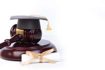 Graduation Hat with Diploma,Judge gavel on white background.