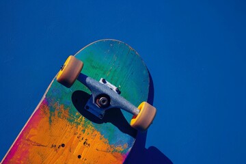 A skateboard defies gravity, spinning upside down in mid-air against a deep background.
