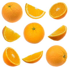 Set of fresh whole and cut orange and slices isolated on white background. From top view.