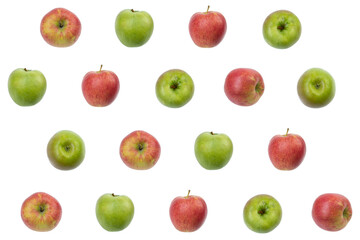 Colorful fruit pattern of fresh red, green apples on white background. texture design for textiles, wallpaper, fabric. From top view.