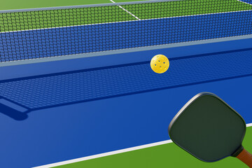 A pickleball racket is getting ready to hit the ball on the court. 3d rendering