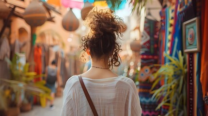 Woman Walking Through Narrow Alleyway of Moroccan Market - obrazy, fototapety, plakaty