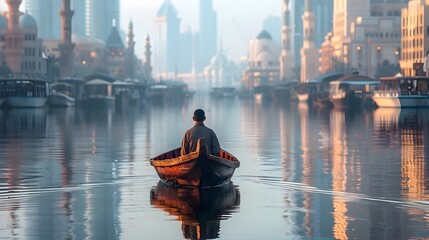 Man Boat Traveling Through Intricate Islamic Cityscape