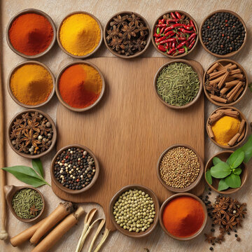 Different indian spices in a round wooden board © Fukurou