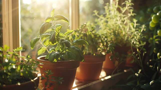 windowsill herb garden bathed in soft sunlight, with aromatic basil, mint, and rosemary thriving in rustic terracotta pots