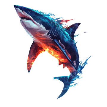 Realistic great white shark illustration with a red and blue flame effect and a dynamic swimming pose. PNG transparent
