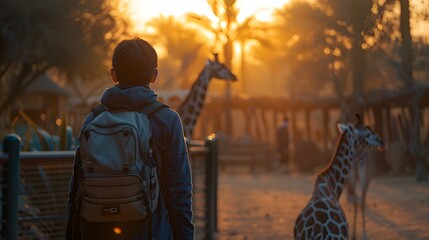 Backpacker Observing Giraffes at Dubai Zoo during Sunset - obrazy, fototapety, plakaty