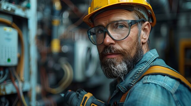 Dedicated electrician working meticulously within an industrial setting. man with protective gear examines system. safety and precision in focus. AI