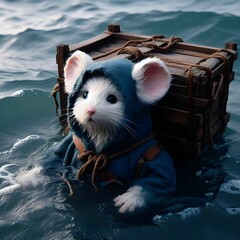 Weiße Maus in blauem zerfledderten Kapuzenmantel trägt schwere Last durch das Wasser, Phantasyfilm - obrazy, fototapety, plakaty