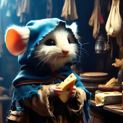 Weiße Maus in blauem zerfledderten Kapuzenmantel trägt ein Käsestück, Phantasyfilm - obrazy, fototapety, plakaty