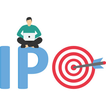 The concept of IPO, initial public offering, company going public in the stock market, trading in entrepreneur's shares in writing IPO with bullseye target. generate profits from new shares.
