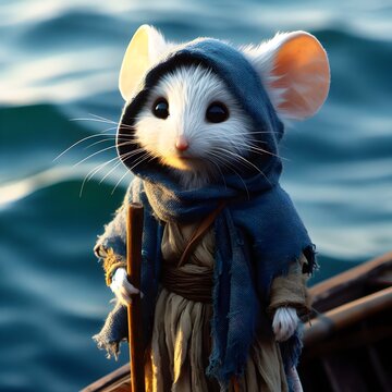 Wei&szlig;e Maus in blauem zerfledderten Kapuzenmantel auf einem Boot im Meer, Phantasyfilm