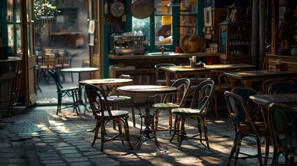 Cozy vintage cafe interior illuminated by morning light. empty tables awaiting guests. rustic charm meets urban setting in this inviting space. casual dining atmosphere captured in still life. AI